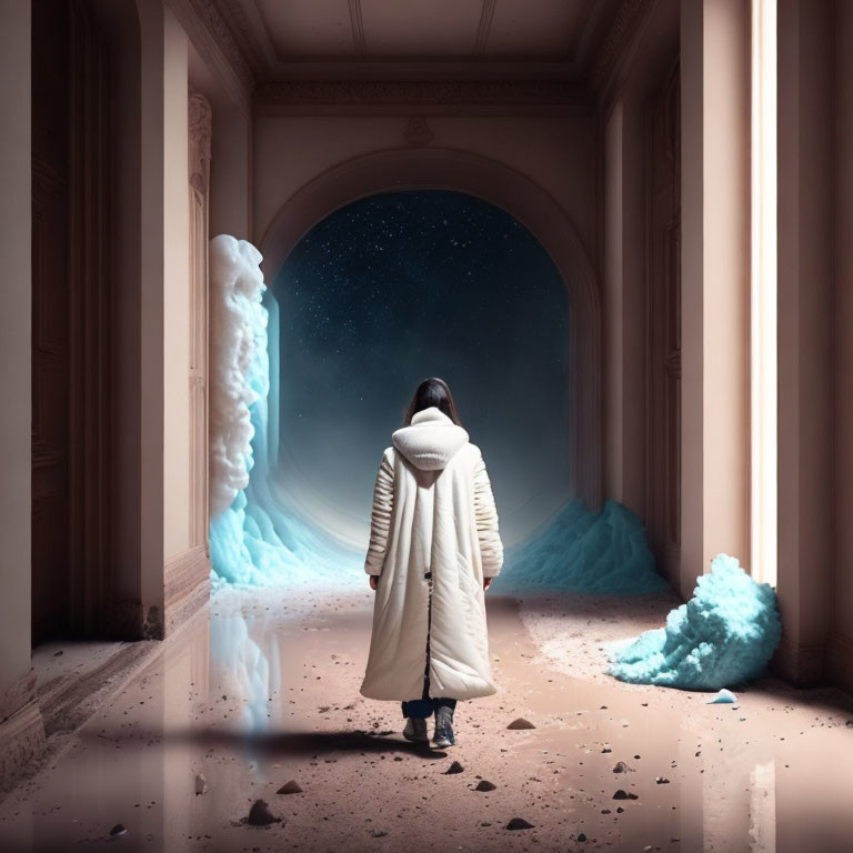 Person in White Coat at Hallway Entrance with Starry Night Sky and Blue Wave-like Sculptures