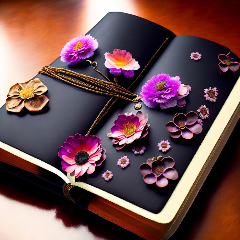 Realistic Flower Illustrations and Zipper on Open Book Table Display