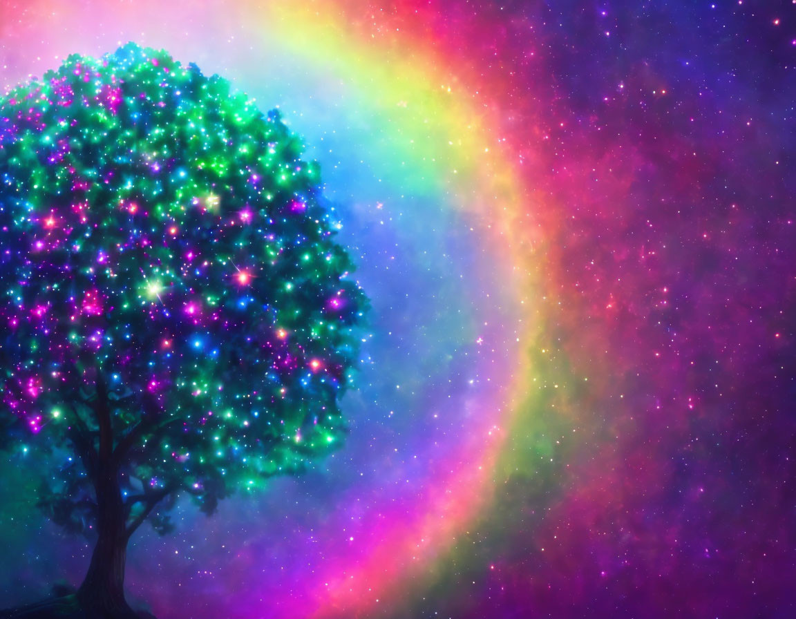 Colorful Tree with Lights and Rainbow on Cosmic Background