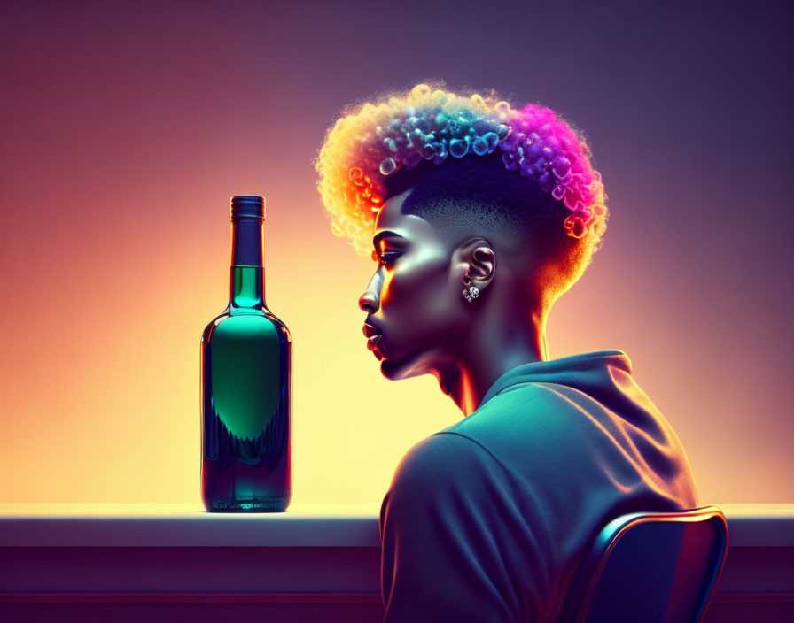 Colorful Curly Hair Profile Next to Green Bottle on Gradient Background