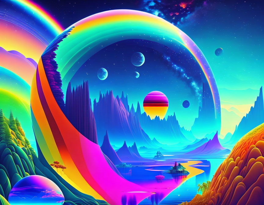 Colorful surreal landscape with rainbow arch, mountains, planets, lake, boat