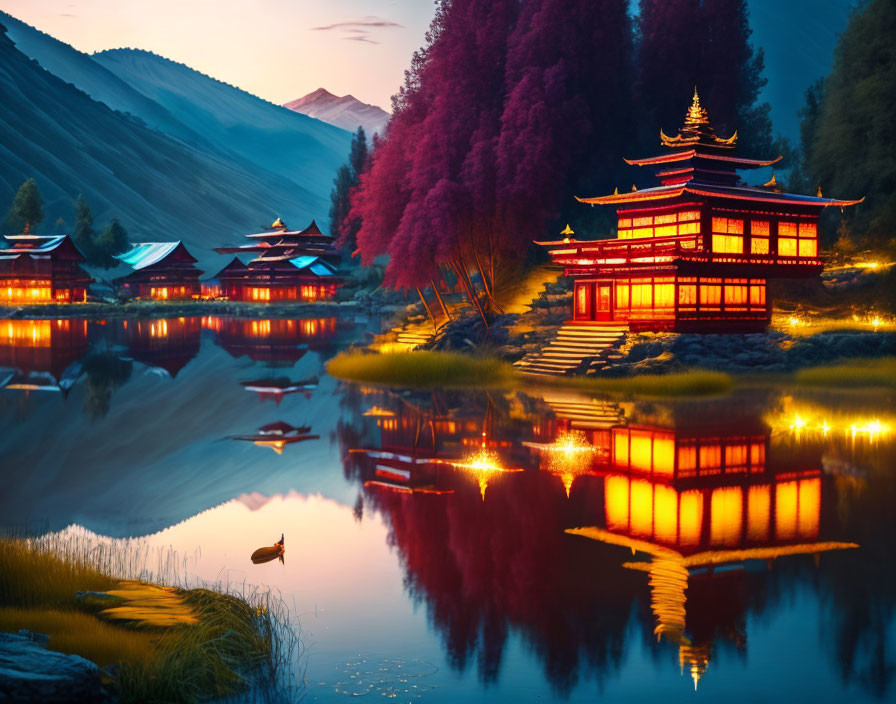 Tranquil Japanese twilight landscape with illuminated buildings by lake