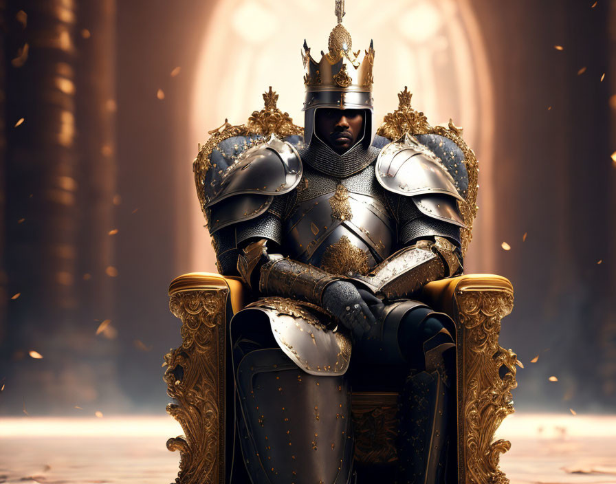 Ornate golden-trimmed armor knight on grand throne in dreamy setting