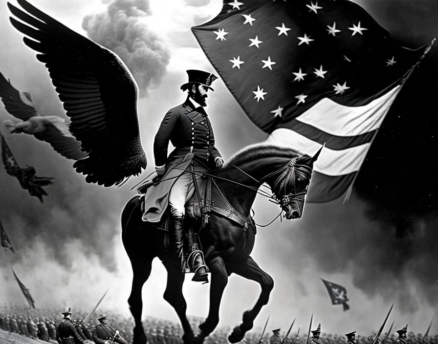 Monochrome image of person in historical military attire on horseback with flag, eagle, and battle scene