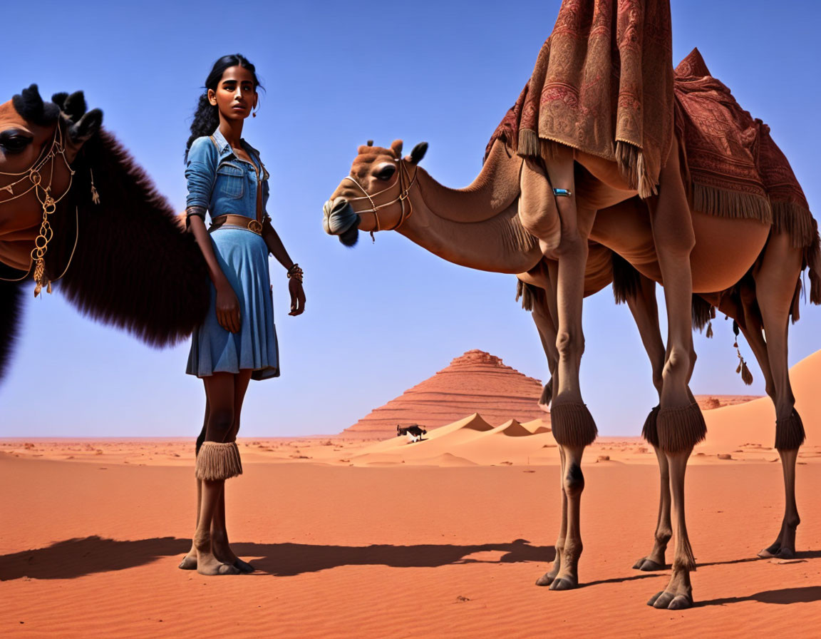 Woman in denim dress next to camel in desert landscape
