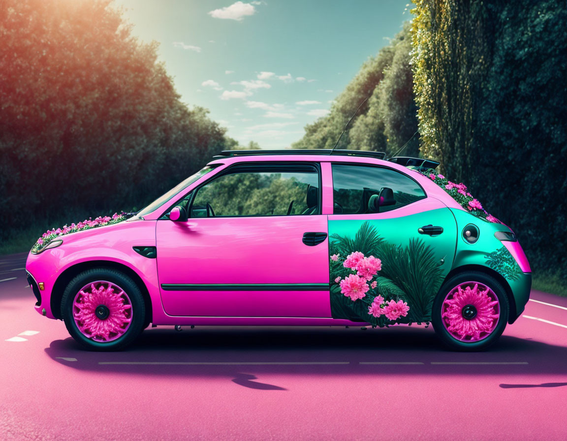 Pink Car with Floral Decorations Parked on Road with Green Trees