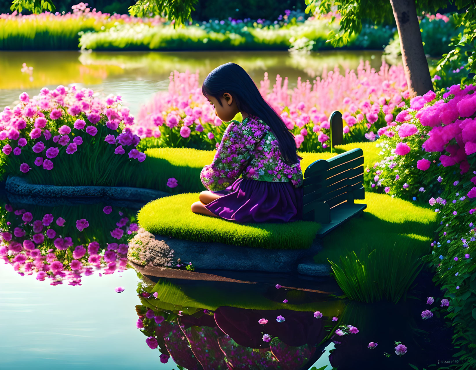 A girl sit on the bench in front of the pond