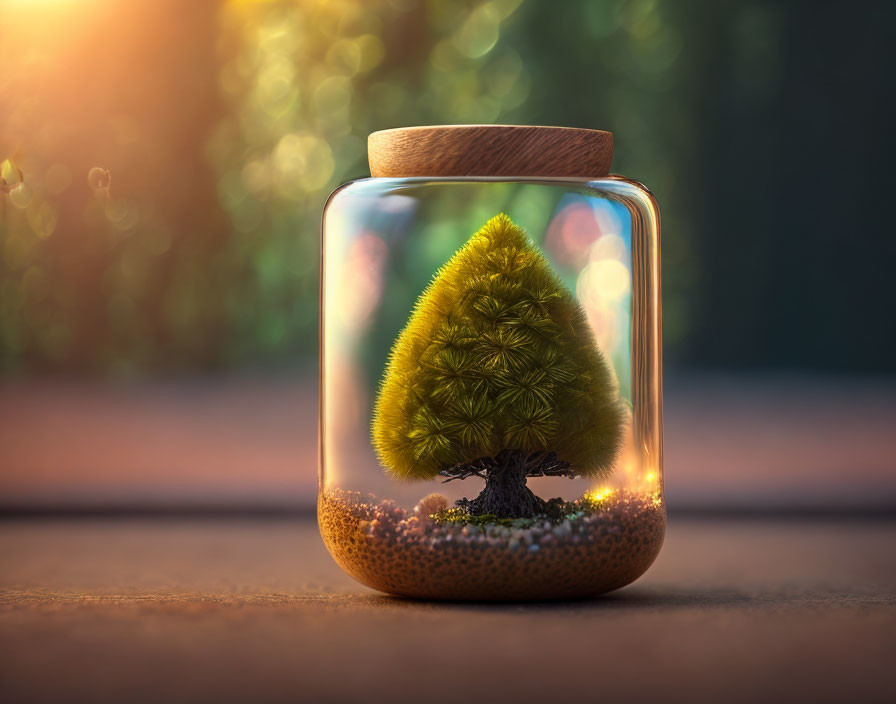 Miniature Christmas tree in glass jar with warm light