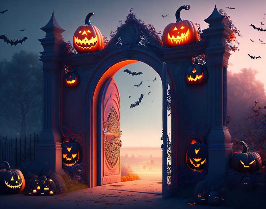 Spooky Halloween-themed archway with jack-o'-lanterns and bats