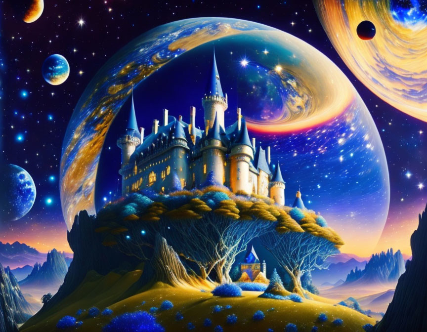 Enchanted castle on hill with oversized trees under starry sky