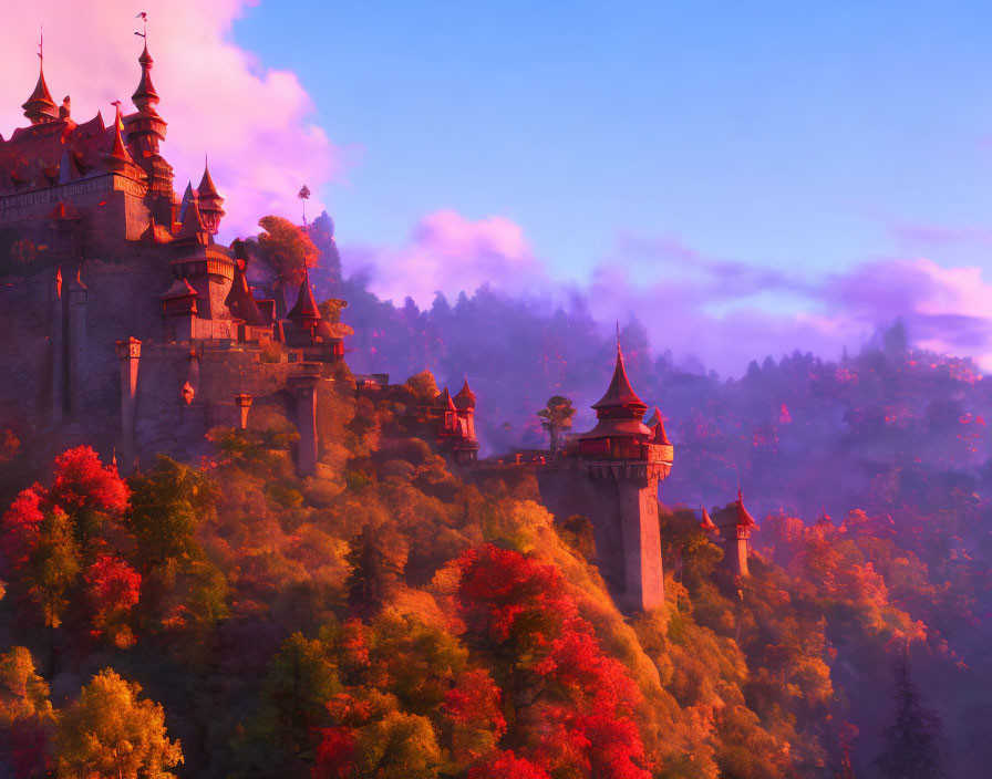 Fantasy castle with towering spires on forested hill at golden hour