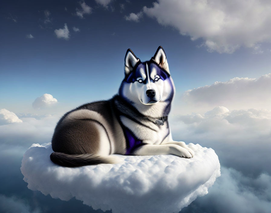 Siberian Husky with blue eyes on fluffy cloud against blue sky