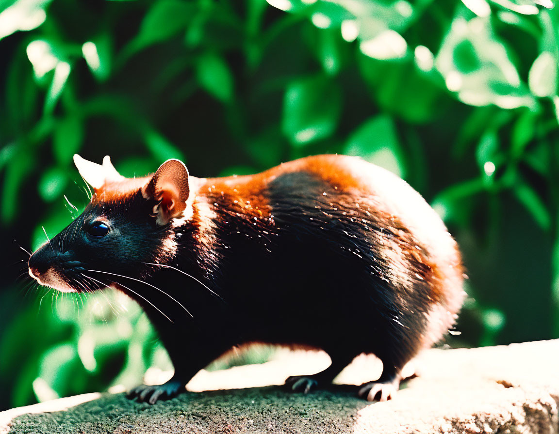 Glossy-furred rodent with prominent ears and eyes in lush green setting