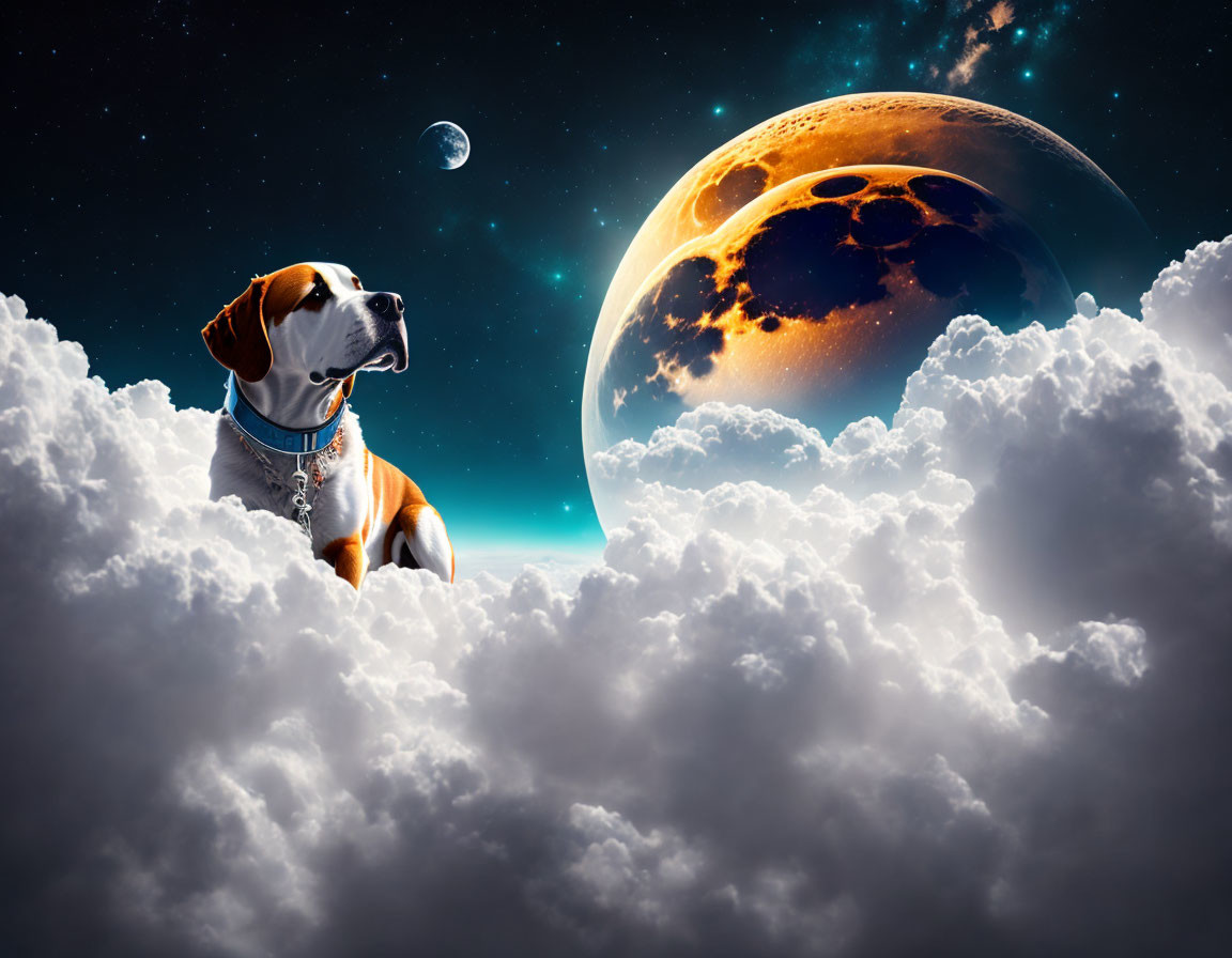 Surreal dog on clouds under starry sky with oversized moon
