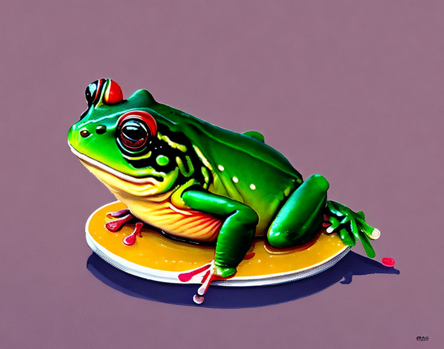 Colorful Green Frog Illustration on Orange and Yellow Surface Against Purple Background