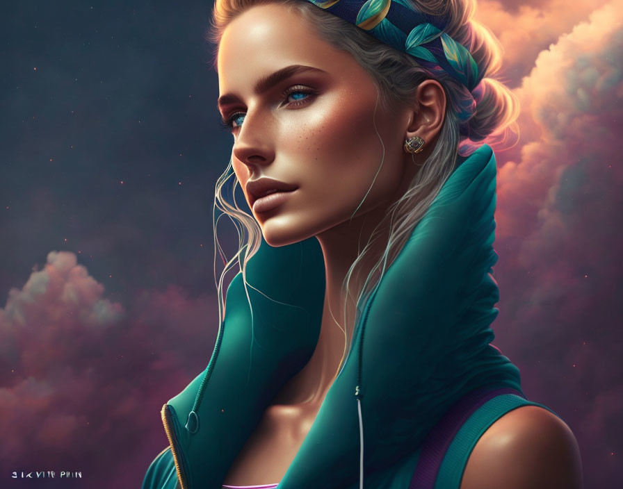 Woman with Striking Blue Eyes in Teal Jacket Against Pink and Purple Clouds