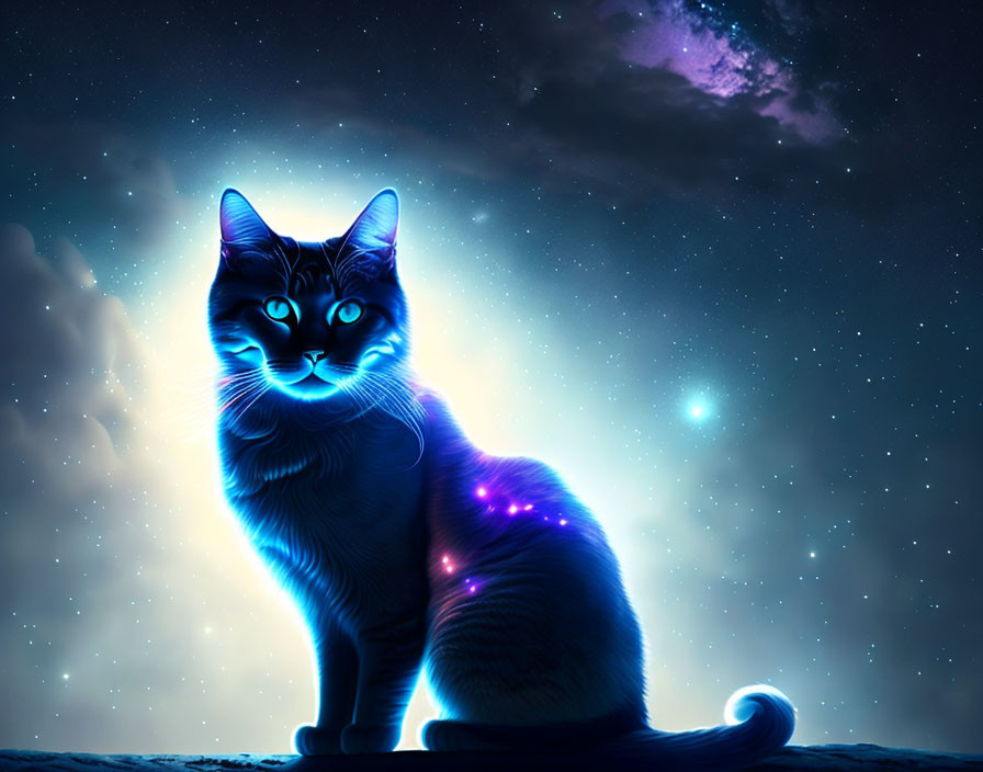 Luminescent Blue Cat Under Starry Night Sky with Galaxy Background