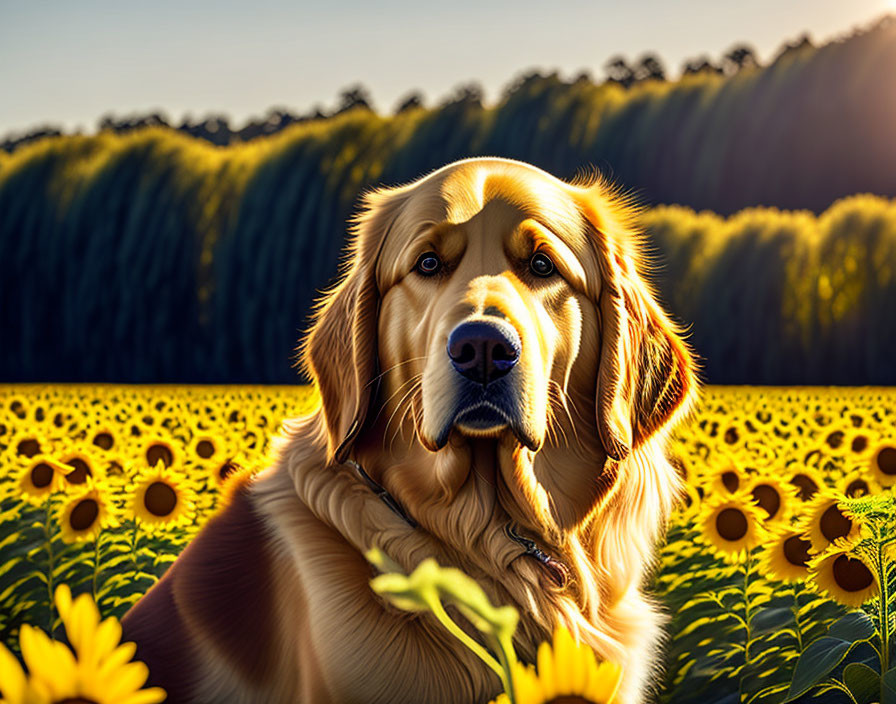 Golden Retriever in sunflower field with sunlight and trees.