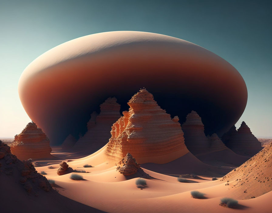 Otherworldly desert dunes with layered rocks and a massive mushroom-shaped structure casting a shadow