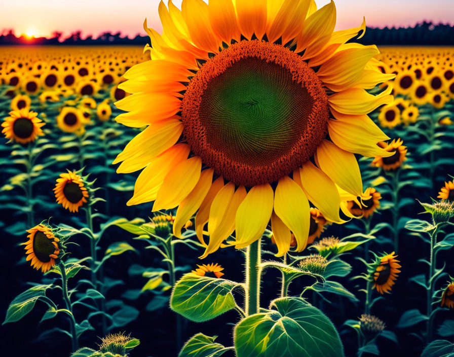 Sunflower Field Sunset Scene with Large Sunflower and Colorful Sky