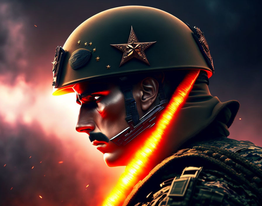 Futuristic soldier digital artwork with glowing red neckwear against fiery backdrop