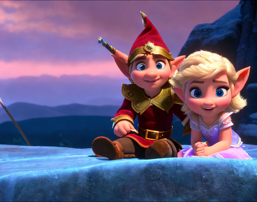 Animated elves on rock: male in red and gold, female in purple dress, twilight sky.