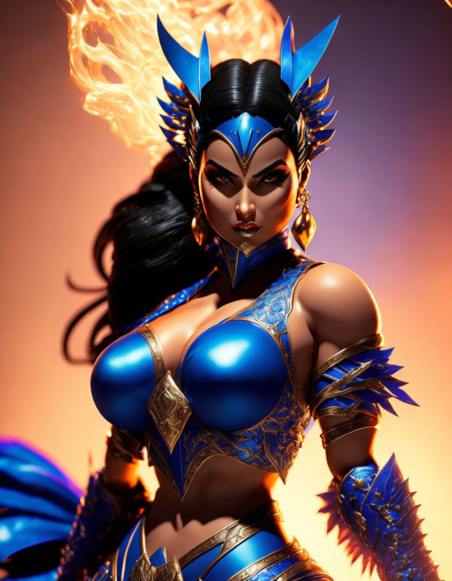 Detailed Fantasy Warrior Woman in Sharp Blue and Gold Armor with Intense Eyes and Flame Hand