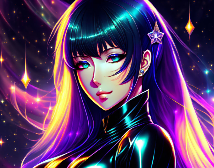 Colorful illustration: Woman with blue hair, star earrings, futuristic outfit, cosmic backdrop.