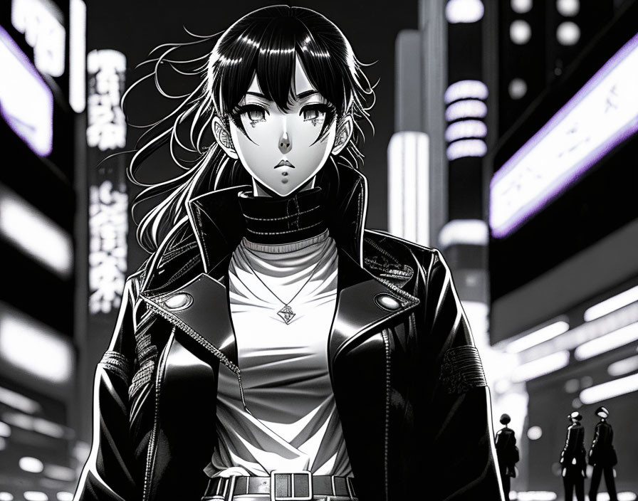 Dark-haired animated character in jacket stands in neon-lit city at night