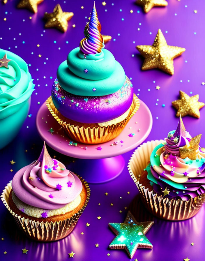 Vibrant Unicorn Cupcakes with Colorful Frosting on Purple Background