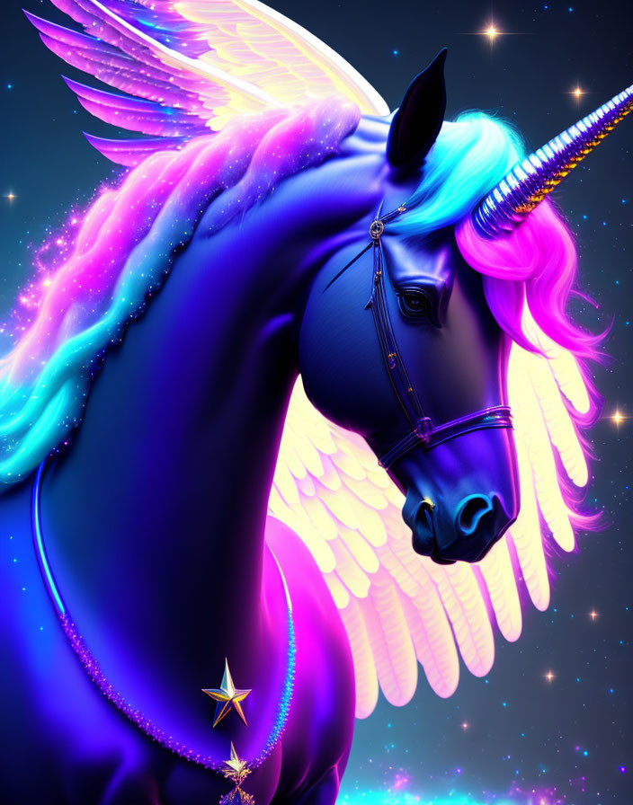 Majestic unicorn with rainbow mane and glowing wings in digital art