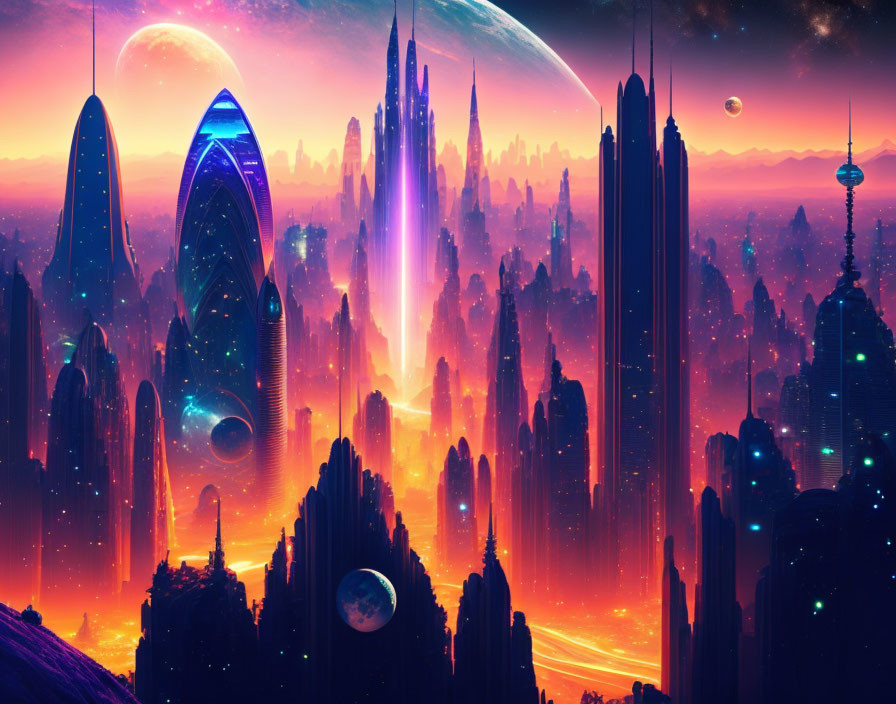 Futuristic cityscape with towering skyscrapers under alien sky