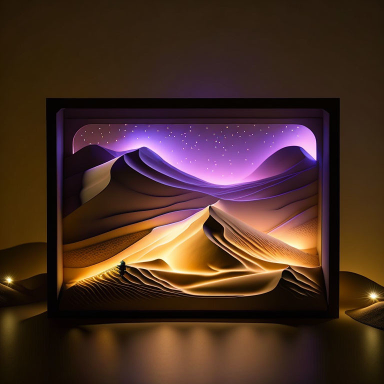 Three-Dimensional Paper Art of Desert Night Scene with Dunes and Starry Sky
