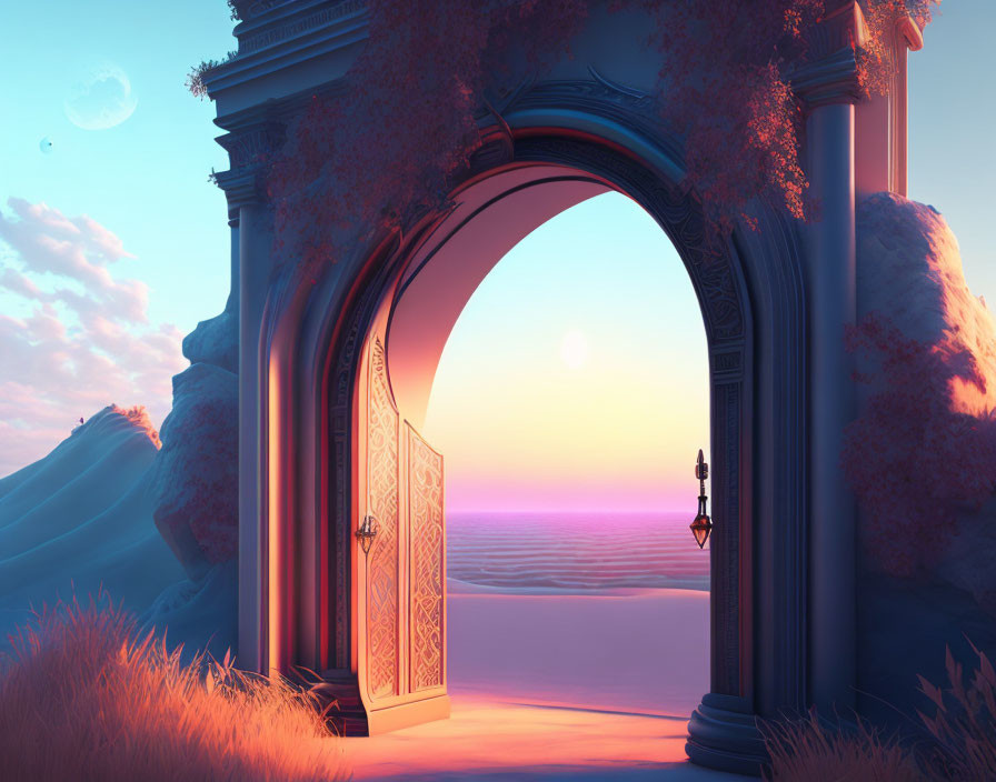 Ornate open door in archway with sea view at sunset, mountains, and second moon