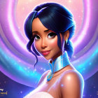 Illustrated young woman with blue hair in side bun, wearing lilac dress and jewelry against starry