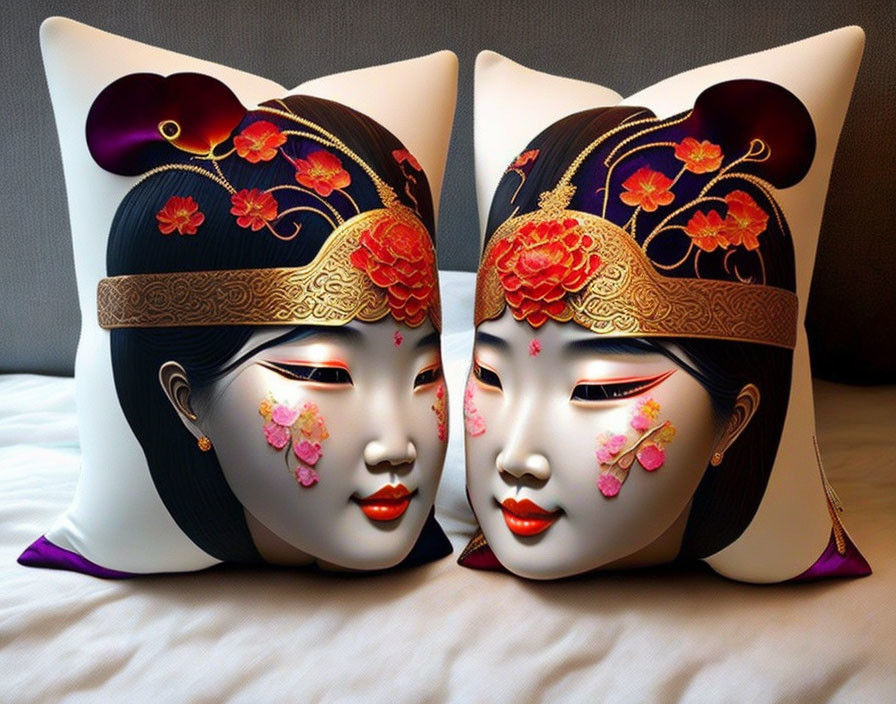 Traditional Asian Woman Art Decorative Pillows on Bed