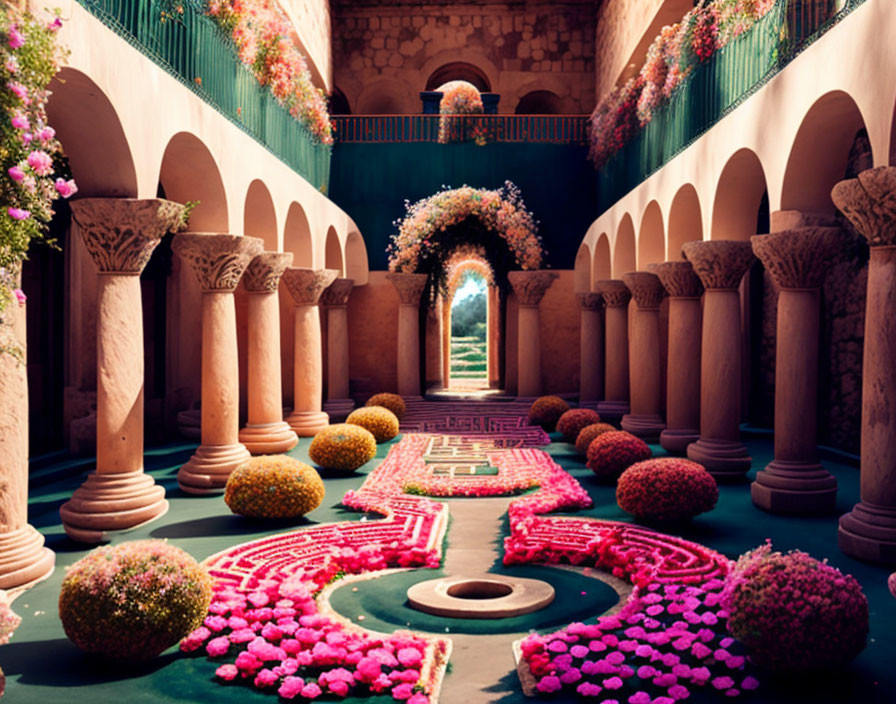 Tranquil courtyard with arched walkway and pink flowers
