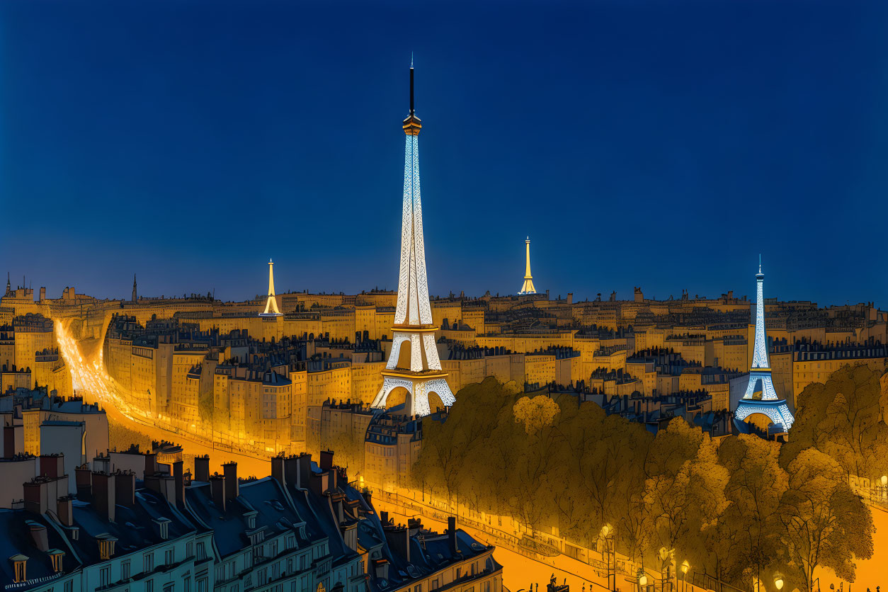 Panoramic Night View of Paris with Illuminated Eiffel Tower