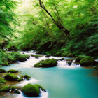 Tranquil forest stream with moss-covered rocks and lush canopy