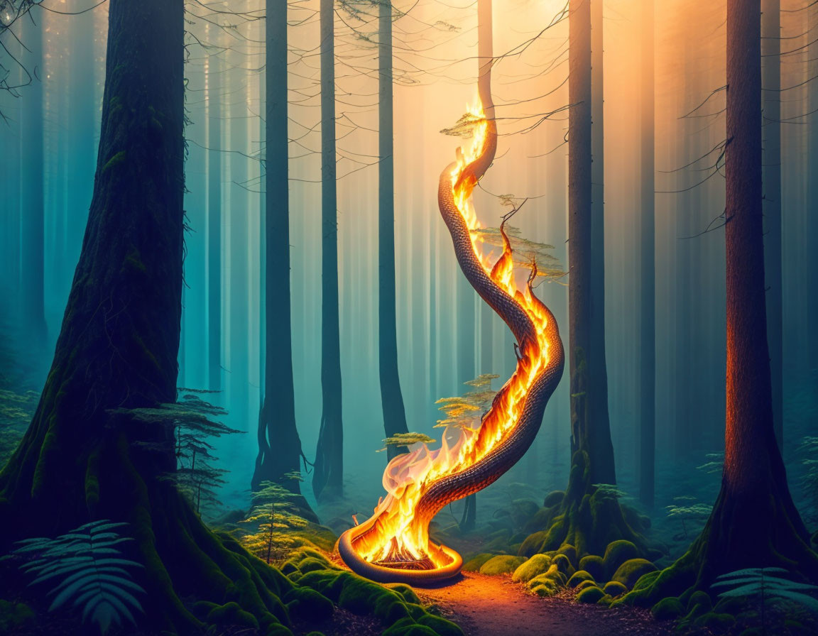 Mystical forest scene with glowing serpent and sunbeams