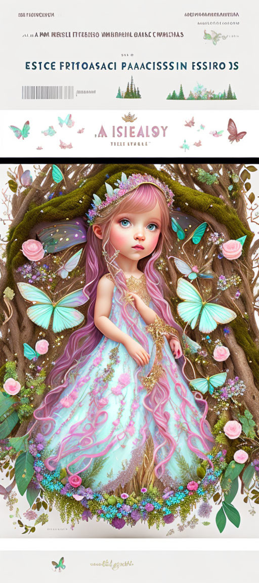 Fantasy Artwork of Young Girl with Pink Hair Surrounded by Butterflies and Flowers