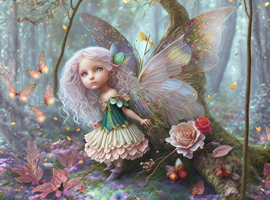 Illustration of a fairy with translucent wings in enchanted forest