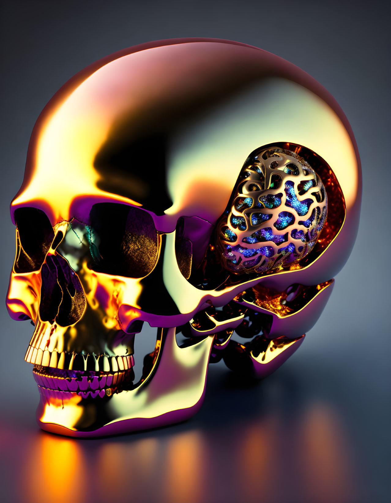 metallic skull with exposed brain