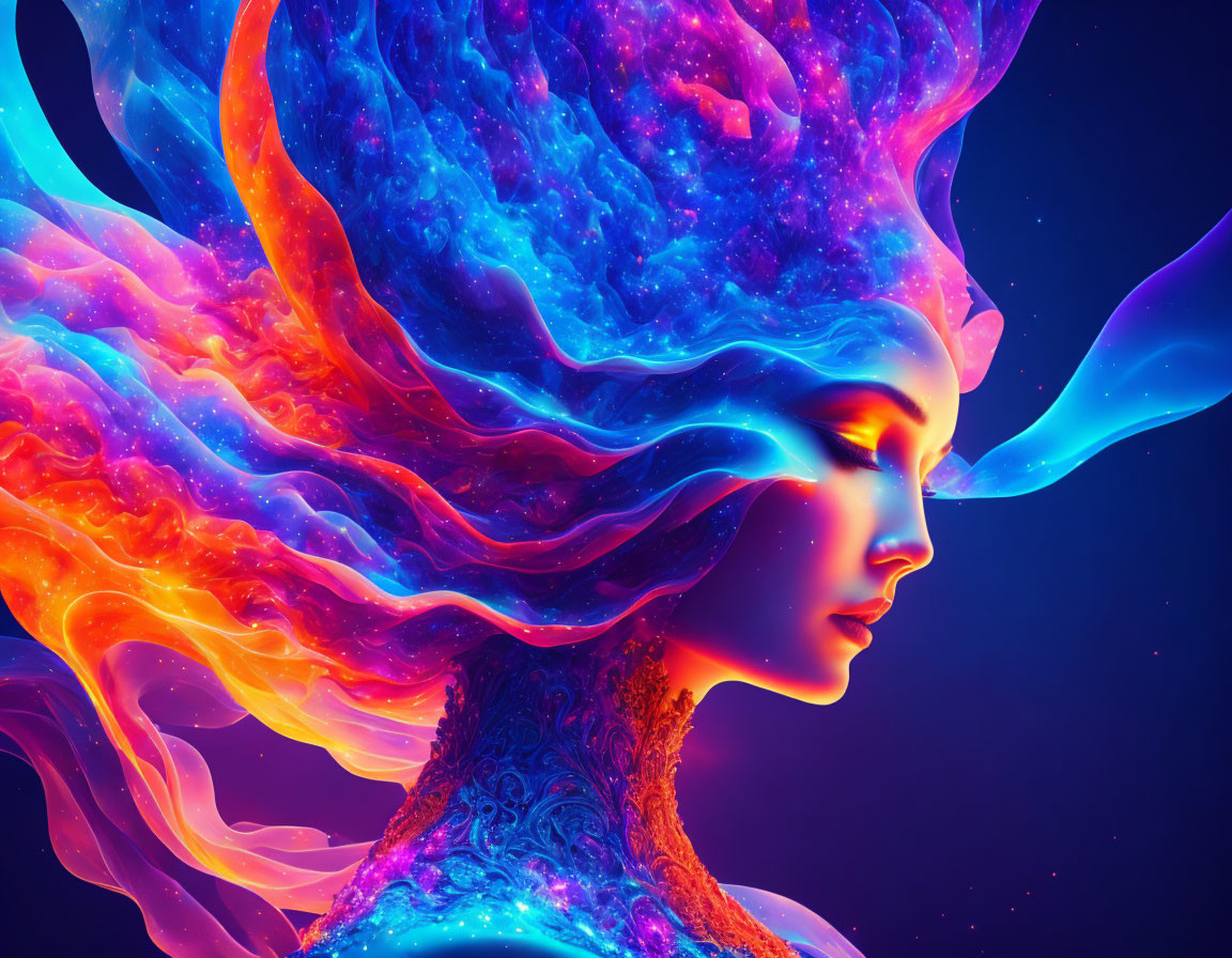 Colorful digital artwork of woman's profile with cosmic hair.