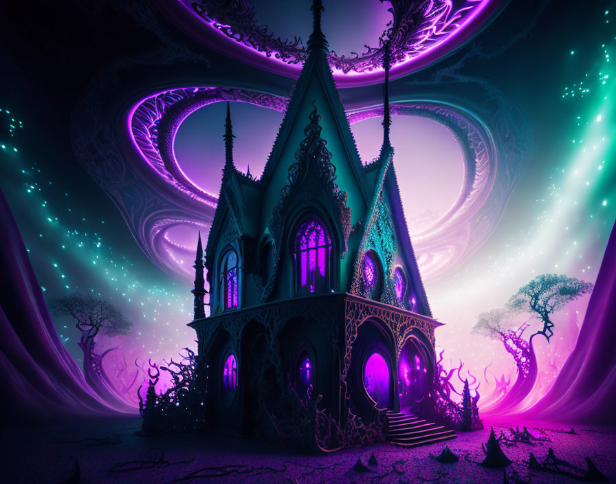 Fantasy Gothic Castle in Purple and Turquoise Cosmic Landscape