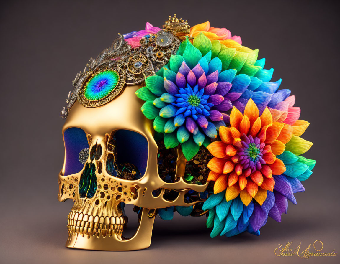 flower power steampunk human skull