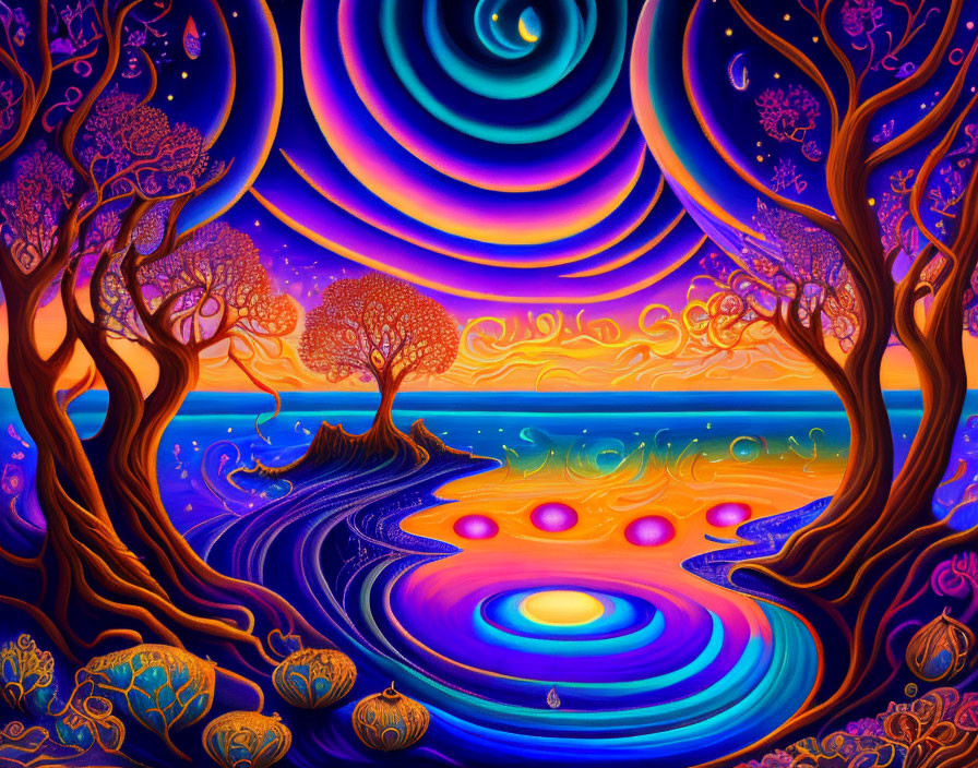Vibrant psychedelic landscape with swirling patterns and colorful orbs