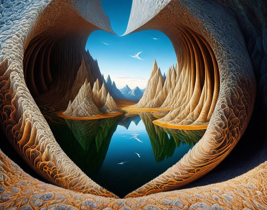 Surreal cave with heart-shaped entrance and scenic landscape view