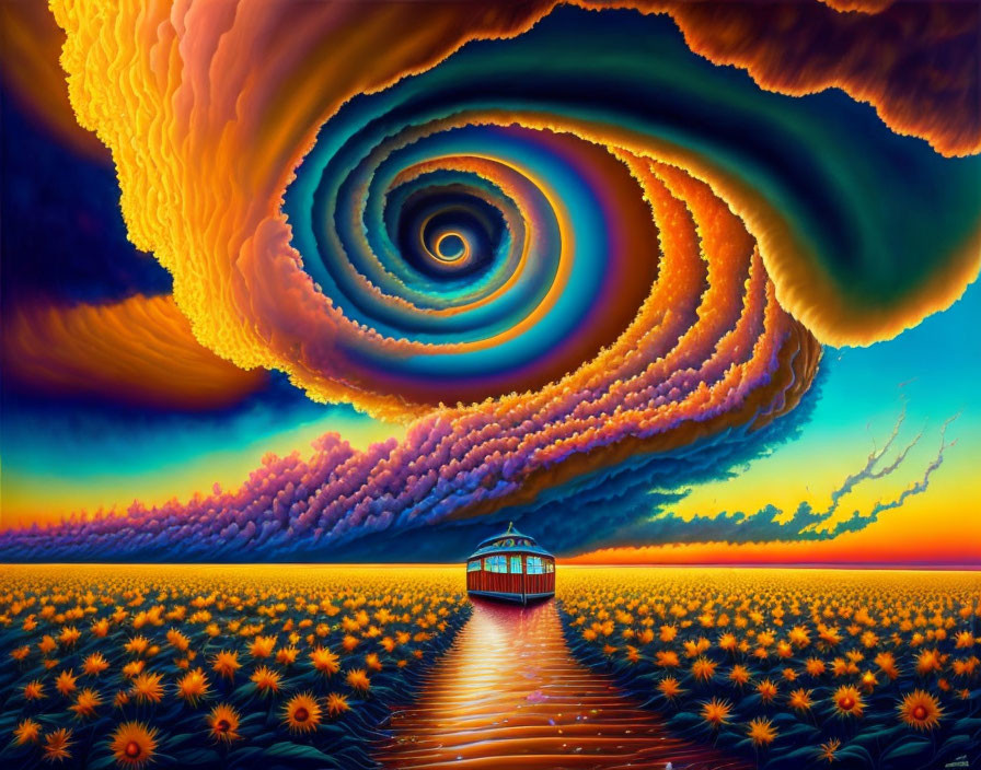 Surreal landscape with twisting sky above tram in sunflower field