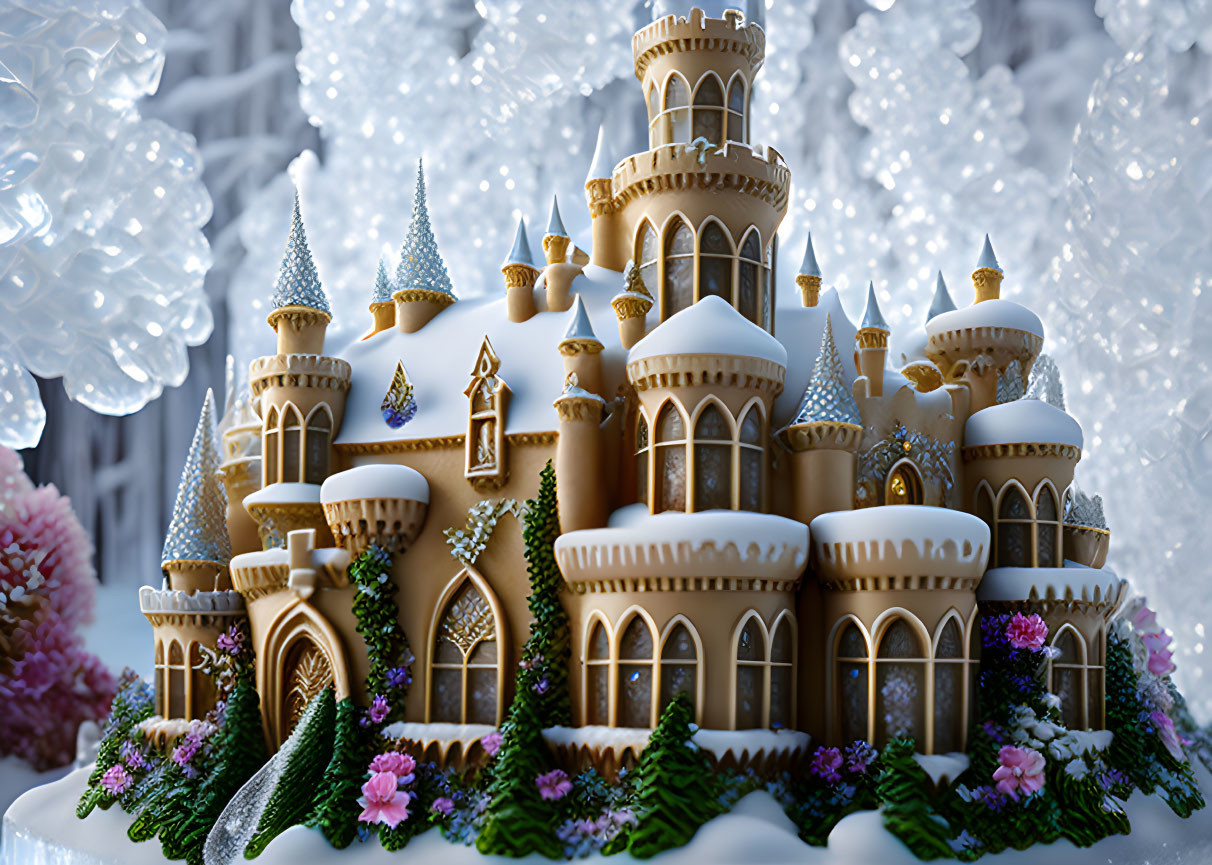 Fantasy castle cake with towers, arches, vines, flowers, crystal backdrop